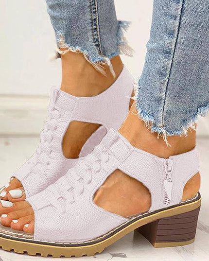 Libiyi Peep Toe Cutout Zipper Chunky Heeled Sandals - Libiyi