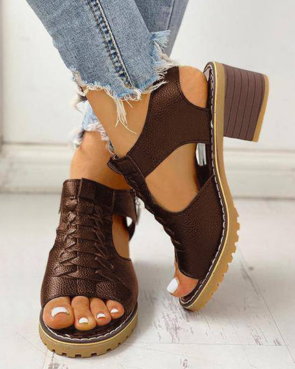 Libiyi Peep Toe Cutout Zipper Chunky Heeled Sandals - Libiyi