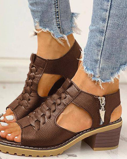 Libiyi Peep Toe Cutout Zipper Chunky Heeled Sandals - Libiyi