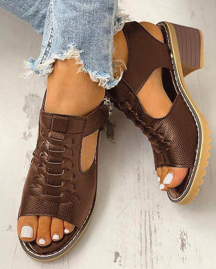 Libiyi Peep Toe Cutout Zipper Chunky Heeled Sandals - Libiyi